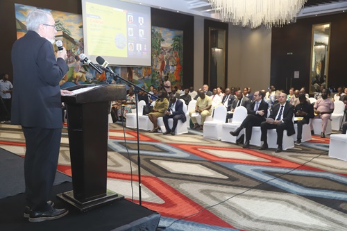 Robert R. Taliercio (left), World Bank Country Director for Ghana, Liberia and Sierra Leone, addressing guests at the launch of the 2024 Financial Review in Accra. Picture: SAMUEL TEI ADANO