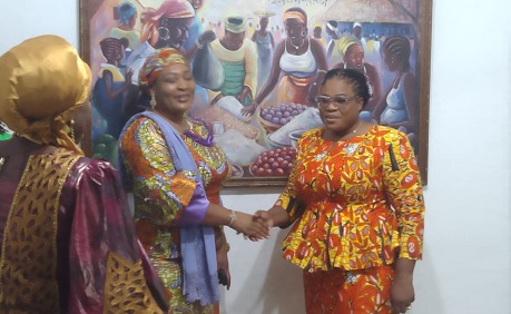 Abigail Elorm Mensah (right), new Chief Executive Officer  of MASLOC, exchanging pleasantries with Hajia Abibata Shanni Mahama Zakaria, former CEO, MASLOC