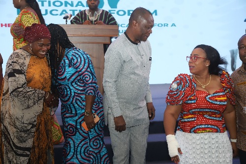 Linda Ocloo (right), Greater Accra Regional Minister, interacting with Prof. George Oduro (2nd from right), Chairman of the National Educational Planning Committee, after the opening session of the Education Forum. With them are Rita Akosua Awatey (2nd from left), Eastern Regional Minister, and Prof. Goski Alabi (left), a member of the committee.  Picture: SAMUEL TEI ADANO