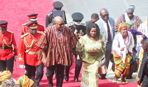  President John Dramani Mahama (left) accompanied by Prof. Naana Jane Opoku-Agyemang (right), Vice-President, arrives in Parliament to address the nation.  Picture: ELVIS NII NOI DOWUONA 