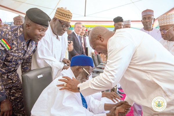  President John Mahama (right) exchanging greetings with Sheikh Usmanu Nuhu Sharubutu, National Chief Imam. Picture: EDNA SALVO KOTEY