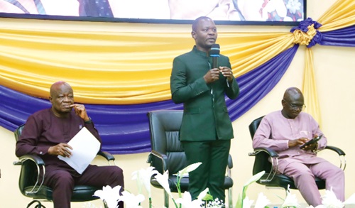 Dr Linus Linnaeus Tannor (middle), Director, Research, Ghana National Association of Teachers, addressing the conference. Picture: ELVIS NII NOI DOWUONA 