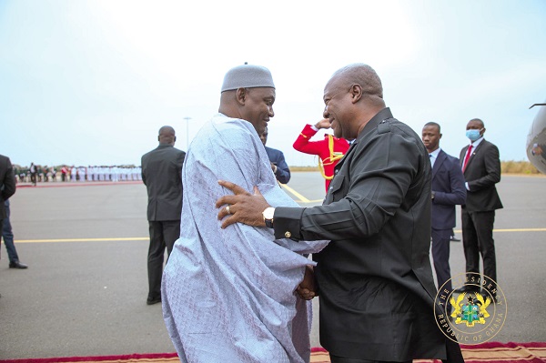 President John Mahama being welcomed by President Adama Barrow of The Gambia