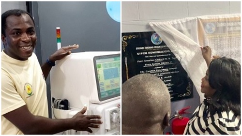 Dr George Peprah (left), Medical Superintendent of the Takoradi Hospital, displaying one of the dialysis machines installed at the Haemodialysis Unit after the inauguration of the unit. Right: Dr Caroline Ewurabena Ampah (arrowed), President of the Sekondi-Takoradi Progressive Club Global, and Prof. Emeritus Nii Boi Tagoe, a former Vice-Chancellor of the University of Ghana, inaugurating the building that 