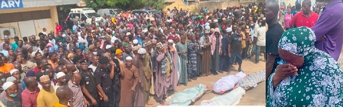 Hundreds of members of the community came together to mourn as six of the eight victims of the Obuasi Mine shooting incident were laid to rest. Right: A griefing mother of one of the victims