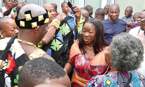  Elizabeth Ofosu-Adjare (middle), Minister designate for Trade, Agribusiness, and Industry, interacting with some chiefs and supporters after being vetted by the Appointments Committee of Parliament. Picture: ELVIS NII NOI DOWUONA 