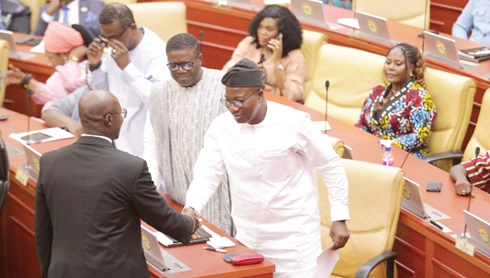  Dr Casiel Ato Forson (left), former Majority Leader, congratulating the new leaders of the Majority Caucus 