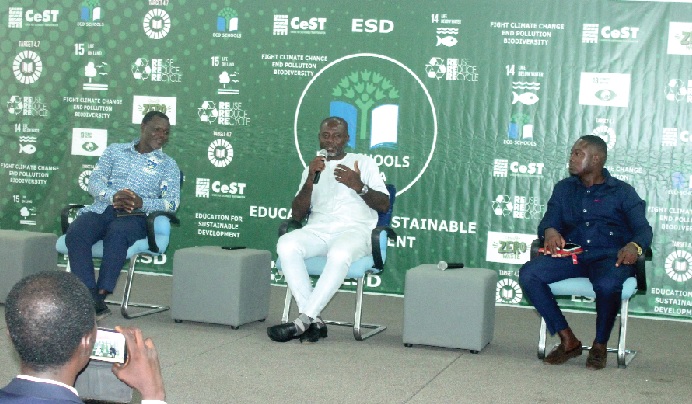 Kwesi Boahene-Acheampong (middle), Eco School Committee Chairman, ATTC, in a panel discussion with Sedem Cadeau (right), Headmaster, St. K Michael’s school, and Jerrom Doosogla (left), Teacher, Akosombo International School. Picture:  ERNEST KODZI