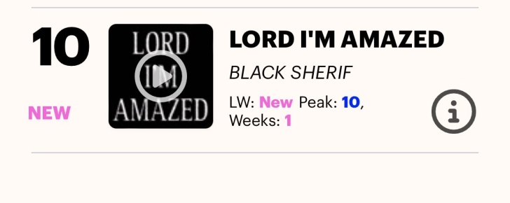 Black Sherif’s Lord I’m Amazed single peaks number 10 on the UK Afrobeat Chart