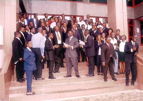 Obeahon Ohiwere (middle),  first CEO,  with the pioneer team at Standard Trust Bank (now UBA)