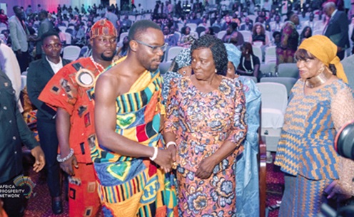 Vice-President Prof. Naana Jane Opoku-Agyemang (middle), interacting with Nortse Nii Nortey Owuo IV, the Osu Mantse, after the opening of the African Prosperity Dialogue Summit in Accra