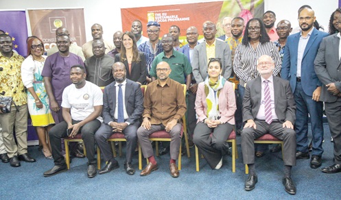 Irchad Razaaly (seated middle), European Union Ambassador to Ghana, with Gujadhur Priya (2nd from right), Country Representative of the Food and Agriculture Organisation of the UN; Dr Isaac Manu (2nd from left), Research Director of Ghana Cocobod, and other officials after the event. Picture: CALEB VANDERPUYE