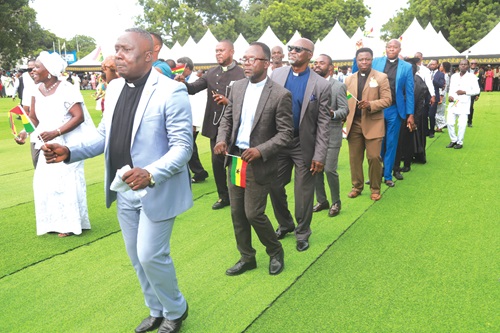 Some members of the clergy glorifying God during the National Prayer and Thanksgiving Day at the forecourt of the State House in Accra. Picture: SAMUEL TEI ADANO Some members of the clergy glorifying God during the National Prayer and Thanksgiving Day at the forecourt of the State House in Accra. Picture: SAMUEL TEI ADANO