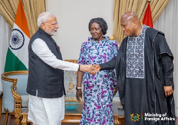  Samuel Okudzeto Ablakwa, Foreign Minister greets Narendra Modi,  India Prime Minister while Professor Naana Jane Opoku Agyemang, Vice President of the Republic looks on