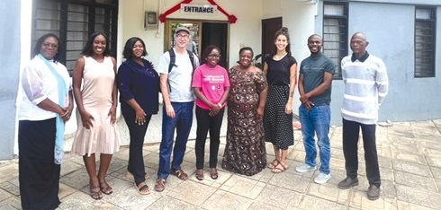 Fernando Alvarez Busca (4th from left), Director of Communication and Education, Anesvad Foundation; Miren Ferreras Atxa (3rd from right), Coordinator, Communication Unit, Anesvad Foundation, and Dr Agana Nsiire (right), focal person for Anesvad in Ghana, with the team from HFFG. With them is Jacob Acquah Andoh (2nd from right), Public Relations Officer of the Ghana Health Service.