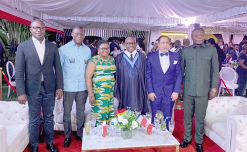 John Jinapor (left), Minister of Energy and Green Transition; Fifi Fiavi Kwetey (2nd from left), General Secretary, NDC; Lydia Lamisi Akanvariba (3rd from left), Minister of State in Charge of Public Sector Reforms; Jules Armand-Aniambossou (3rd from right), French Ambassador to Ghana; Maher Kheir (2nd from right), Dean of the Diplomatic Corps, and the Lebanese Ambassador to Ghana, and Kofi Adams (right), Minister of Sports and Recreation, at the National French Day Celebration in Accra