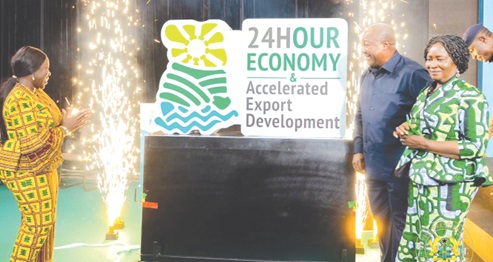 President John Mahama (2nd from right), Vice-President Prof. Naana Jane Opoku-Agyemang (right), and Elizabeth Ofosu-Agyare, Minister of Trade and Agricbusiness, applauding after unveiling the 24 HR+ logo