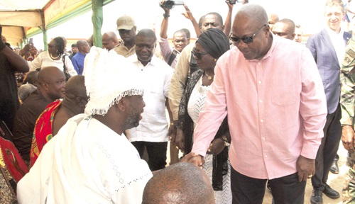 President Mahama and Togbiga Adama III, Paramount Chief of Some Traditional Area, in a hearty exchange of greetings at the durbar