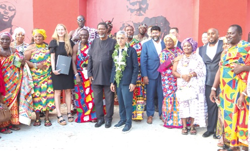 Sir Sadiq Khan (middle), Mayor of London, with some queenmothers and traditional leaders of the Ga State after the meeting in Accra. Picture: ELVIS NII NOI DOWUONA 