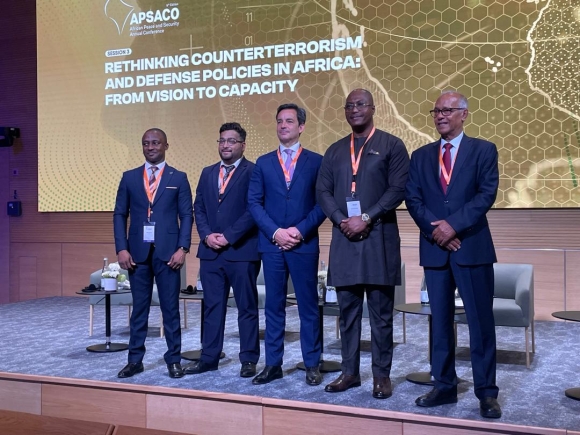 The acting Commandant, Air Commodore David Akrong (2nd from right) ina  group photo with some speakers at the conference.