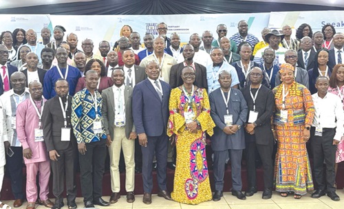 Prof. Ahmed Abdulai Jinapor (5th from left), Director-General, GTEC, Prof. Eric Yirenkyi Danquah (4th from right), Chairman, Ghana National Research Fund, and some dignitaries after the opening of a two-day Summer School in Kumasi. Those with them include Prof. Rita Akosua Dickson (5th from right), Vice Chancellor, KNUST