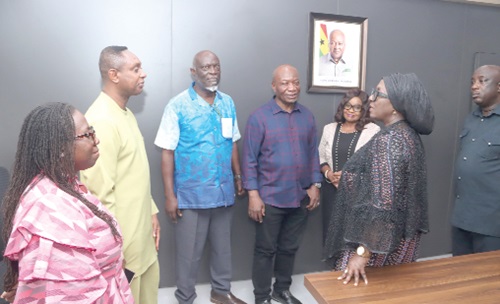 Abla Dzifa Gomashie (2nd from right), Minister of Tourism, Culture and Creative Arts, interacting with Carl Ampah (2nd from left), National Culture Programme Officer, UNESCO Office Ghana; Prof. Kodzo Gavua (4th from left), Chairman of the team, and other members.  Picture: ELVIS NII NOI DOWUONA 