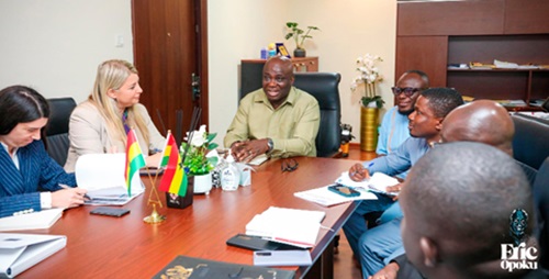 Eric Opoku, Minister of Food and Agriculture, addressing the delegation from Serbia (left) during their engagement in his office