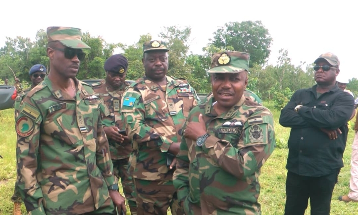Air Vice Marshall Patrick Agyen Frimpong (right), Ghana Air Force Commander, with Air Commodore Kwabena Kissiedu Manukure-Atiemo (left), Commander of the Tactical Air Command at Bui of the Ghana Air Force, and other sector commanders at the proposed Air Force Base