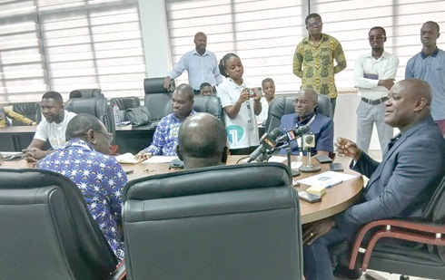 Professor Ahmed Abdulai Jinapor (right), Director-General, GTEC, addressing the press. With him is Prof. Anthony Ocloo (2nd from right), Deputy Director-General, GTEC