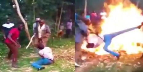 The man being brutally assaulted and thrown into a fire over allegations of chicken theft