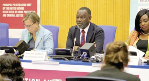 Dr Dominic Ayine (middle), Attorney-General and Minister of Justice,  speaking at the session in Vienna, Austria
