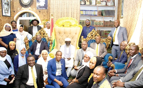 Sheikh Osman Nuhu Sharubutu (middle), the National Chief Imam, with Sina Kamagate (arrowed), the Executive Head of Retail Banking, GCB Bank PLC, and other officials of the bank after the visit. Picture: CALEB VANDERPUYE