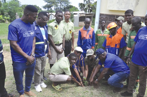 Killian Donkor (2nd from right), Kpando MCE; Maxwell Zu-Cudjoe (right), Regional Director of EPA; Togbi Bediaku VIII (2nd from left) and some officials of the EPA; some workers of Zoomlion and some students of Bishop Herman College, Kpando, taking part in a tree planting exercise on the compound