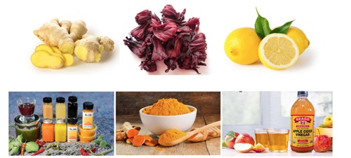 Ginger, hibiscus (sobolo), lemon, popular ingredients, tumeric, apple cider vinegar