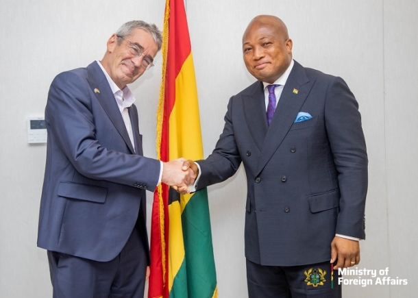 Foreign Minister Samuel Okudzeto Ablakwa in a diplomatic handshake with Israeli Ambassador Roey Gilad during a meeting at the Ministry of Foreign Affairs in Accra.