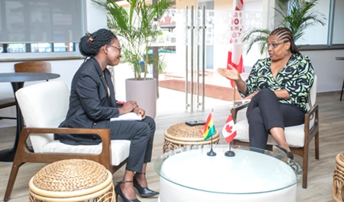 Myriam Montrat (right), Canadian High Commissioner to Ghana, responding to questions from our correspondent, Augustina Tawiah. Picture: DOUGLAS ANANE-FRIMPONG