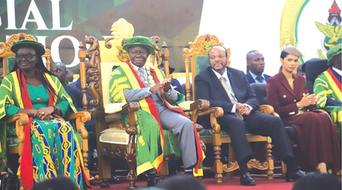 The Asantehene, Osei Tutu II (2nd from left), with King Mswati III (2nd right), Leader of the Kingdom of Eswatini, seated at the Great Hall, KNUST. Those with them are Nontsetselelo Magongo (right) and Prof. Rita Akosua Dickson (left), VC, KNUST