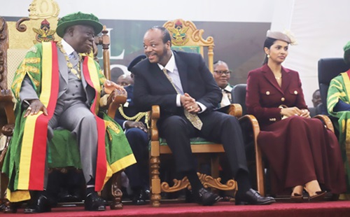 Otumfuo Osei Tutu II (left), the Asantehene, in a chat with King Mswati III 