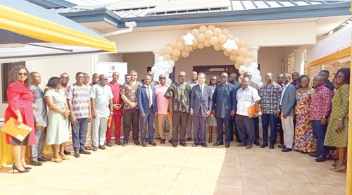 Dr Anthony Yaw Baah (arrowed left), Executive Director of the Kaizen Labour Institute, and Yoshimoto Hiroshi (arrowed right), Japan’s Ambassador to Ghana, and some invited guests after the inauguration ceremony