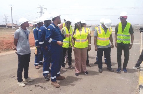  Samuel Buckman (3rd from left), Operations Coordinator, WAPCo Tema Regulating and Metering Station, explaining the pigging process to Chafari Kanya Hanawa (3rd from right), Director-General of the West African Gas Pipeline Authority, and her team during the visit