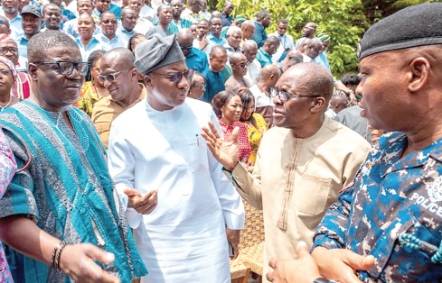 Alban S. K. Bagbin (2nd from right), the Speaker of Parliament, interacting with Mahama Ayariga (2nd from left), Majority Leader, and Rockson-Nelson Dafeamekpor (left), Majority Chief Whip, at the opening of the workshop
