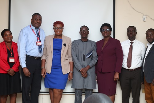 Franklin Sowah (2nd from left), Director, marketing, Graphic communications Group Ltd; Nana Efua Rockson (3rd from left), Director, public affairs, UniMAC; Dr Sumaila Awudu (3rd from right), Acting registrar, UniMAC; Benedicta Nyame (2nd from right), Assistant registrar, Business development, UniMAC,  and other staff of GCGL and UniMAC during the visit. Picture: BENEDICT OBUOBI