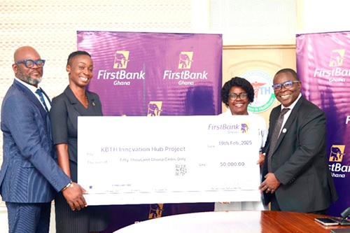  From left: Enoch Adams, FirstBank Ghana Head, SME &amp; Affluent Banking, and Grace Isaac-Aryee, FirstBank Ghana Treasurer, presenting a dummy cheque to Grace Anyomi, Head of Nursing, Korle Bu Teaching Hospital, and Dr Frank Owusu-Sekyere, acting Chief Executive, Korle Bu Teaching Hospital 