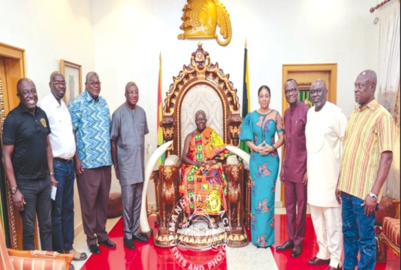 Angela List (4th from right), CEO of Nguvu Group Ltd, owners of the Northern Ashanti Mines Company Limited, and members of the delegation with Otumfuo Osei Tutu II, the Asantehene, during their visit
