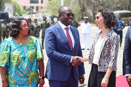 Dr Edward Omane Boamah (middle), Minister of Defence, welcoming Harriet Thompson (right), British High Commissioner, after the Commonwealth commemoration ceremony. With them is Linda Akweley Ocloo (left), Greater Accra Regional Minister. Picture: ELVIS NII NOI DOWUONA 