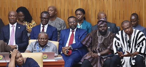 Dr Johnson Asiama (3rd from right), Governor of the Bank of Ghana, and Dr Zakari Mumuni (arrowed), First Deputy Governor of the Bank of Ghana, and some dignitaries present at the budget reading in Parliament. Picture: ELVIS NII NOI DOWUONA