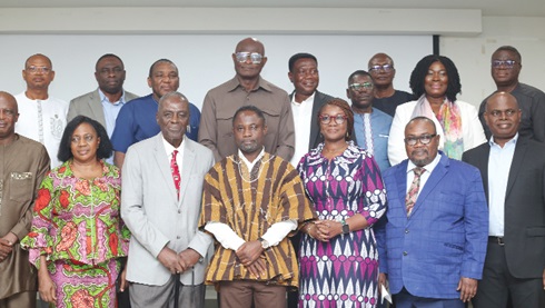 Kwabena Mintah Akandoh (middle), Minister of Health, Rev. Prof. Emeritus Seth Aryeetey (3rd from left), Chairman of the committee; Joyce Bawa Mogtari (3rd from right), Presidential Advisor, members of the task force and some directors of the Ministry of Health. Picture: BENEDICT OBUOBI
