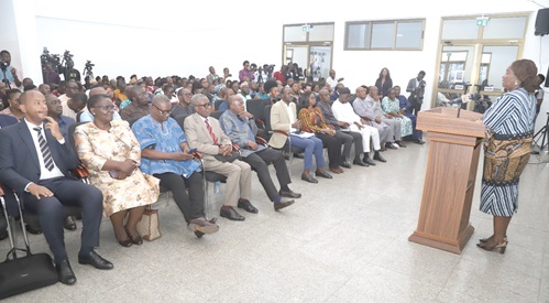 The Vice-president, Prof. Naana Jane Opoku-Agyemang (right), delivering the keynote address at the closing ceremony of the National Education Forum in Accra. Picture: SAMUEL TEI ADANO