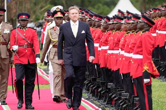 • King Willem-Alexander of The Netherlands reviews the honour guard after arriving to meet with William Ruto, Kenya's President, at State House in Nairobi, Kenya