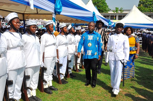 James Gunu (arrowed), Volta Regional Minister, inspecting the guard of honour mounted by the OLA Ho naval cadet corps